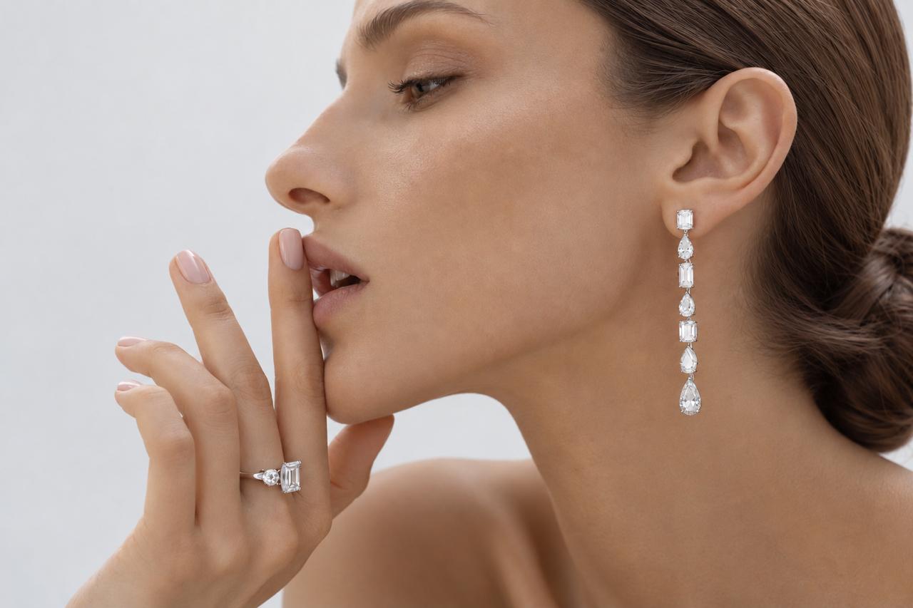 Lab-grown diamond ring and earrings